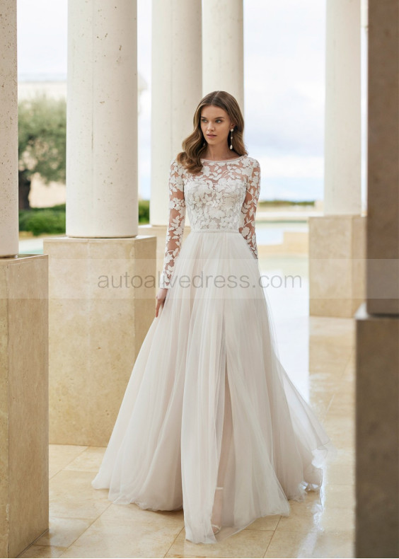 Long Sleeves Ivory Lace Tulle Famous Wedding Dress